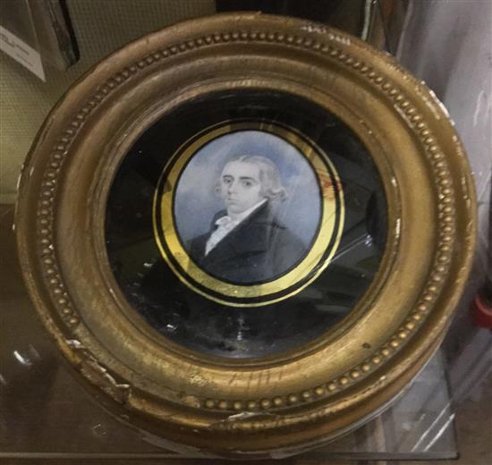 18/19C oval portrait miniature, inscribed verso John Waddington 1783, verre eglomise frame